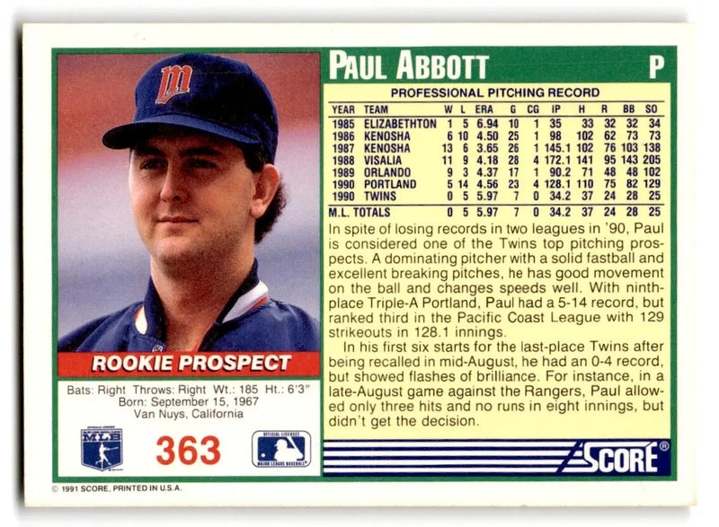 1991 Score #363 Paul Abbott - Baseball Card Single