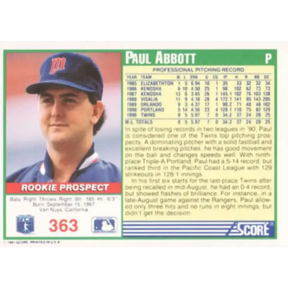 1991 Score #363 Paul Abbott NM-MT RC Rookie Minnesota Twins Baseball Card - Baseball Card Single