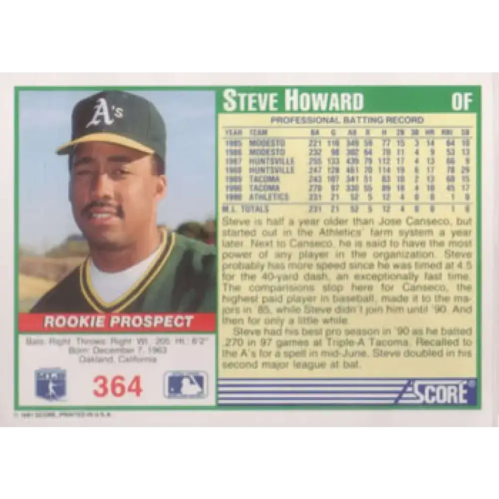 1991 Score #364 Steve Howard NM-MT Oakland Athletics Baseball Card - Baseball Card Single