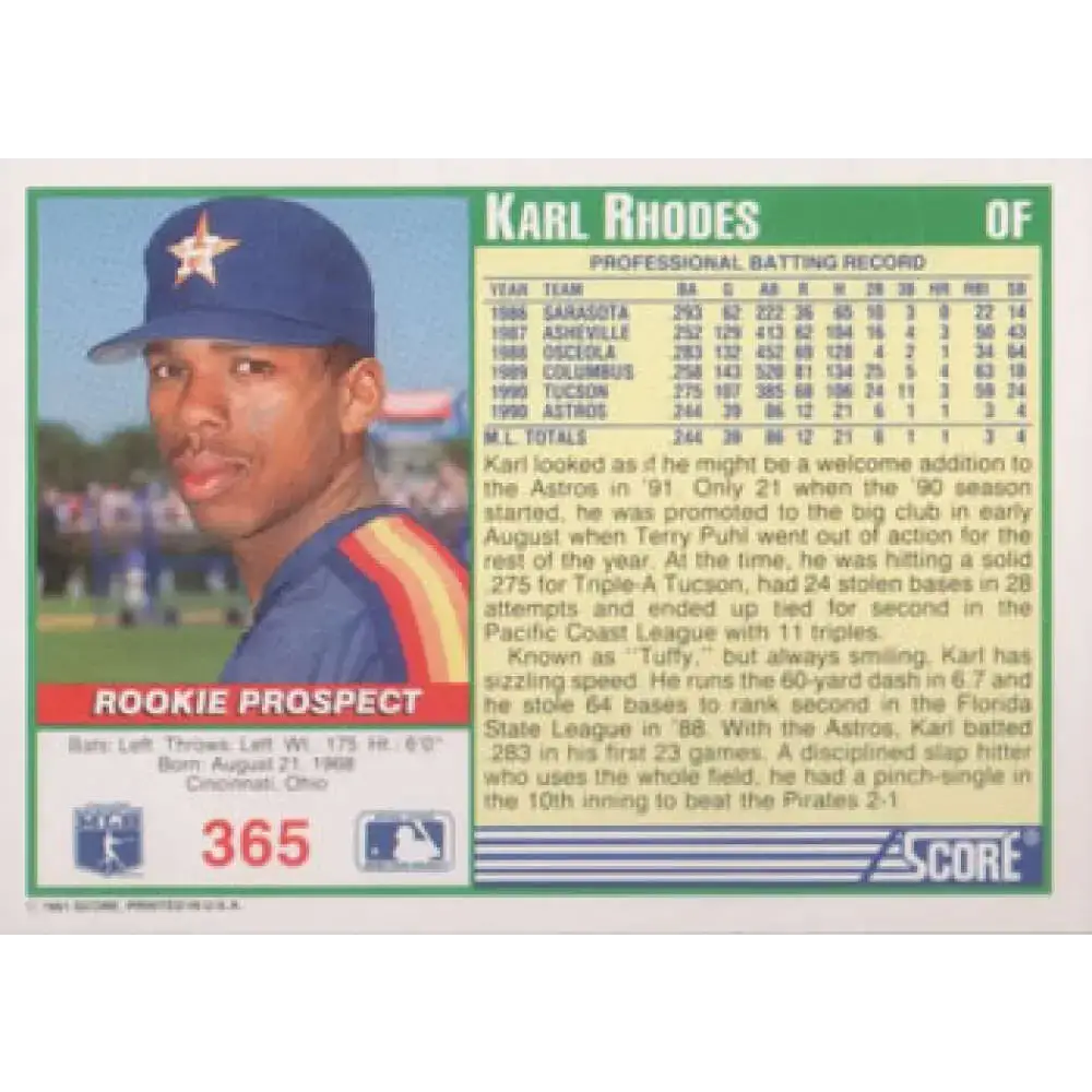 1991 Score #365 Karl Rhodes NM-MT Houston Astros Baseball Card - Baseball Card Single