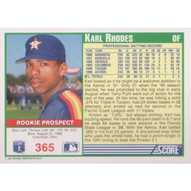 1991 Score #365 Karl Rhodes NM-MT Houston Astros Baseball Card - Baseball Card Single