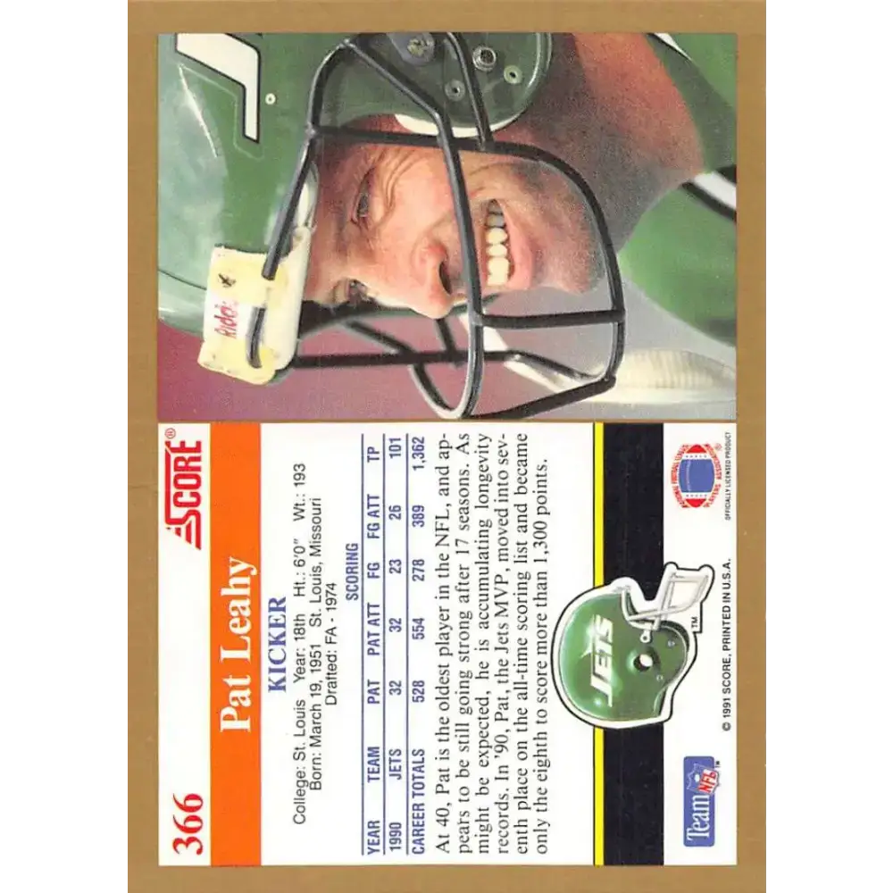1991 Score #366 Pat Leahy EX Excellent New York Jets Football Card - Football Card Single