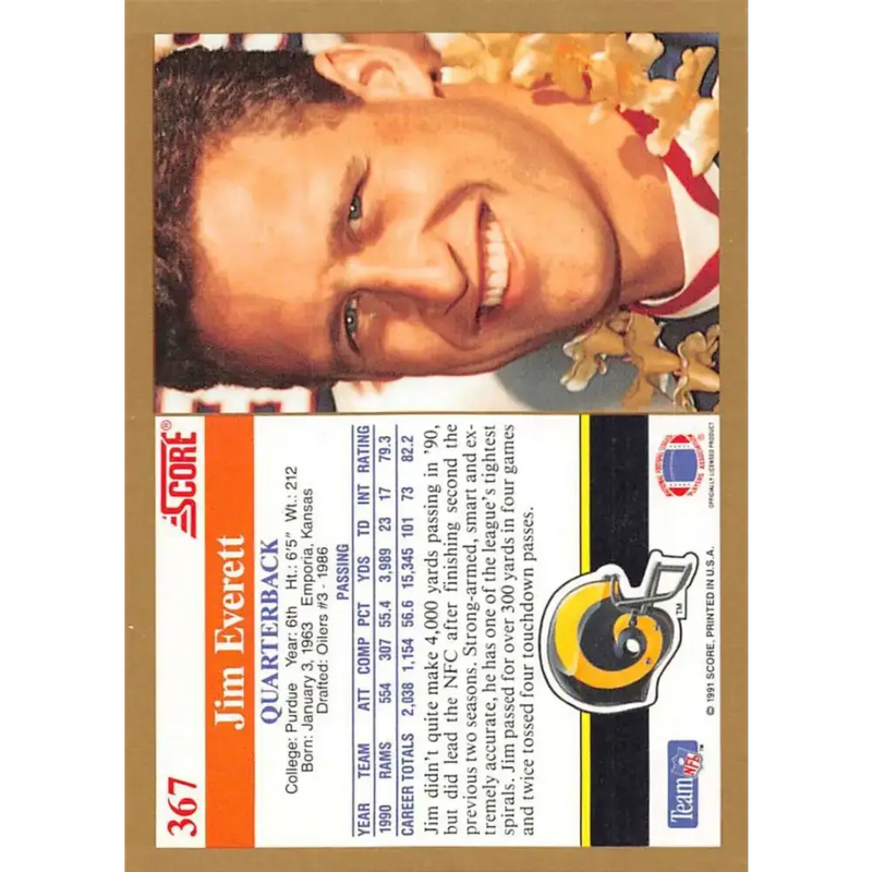 1991 Score #367 Jim Everett EX Excellent Los Angeles Rams Football Card - Football Card Single