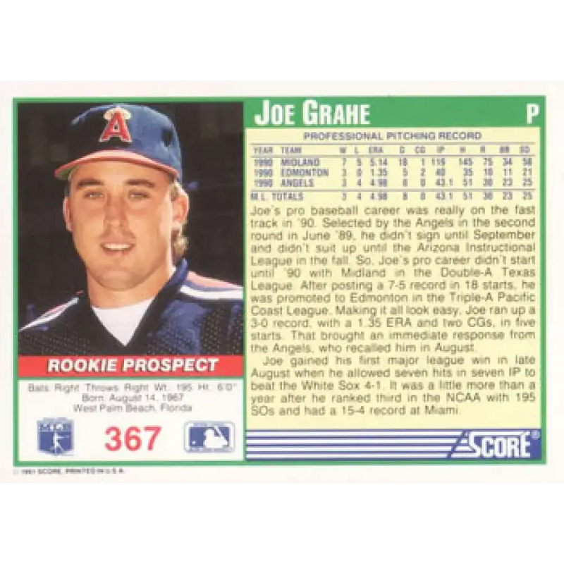 1991 Score #367 Joe Grahe NM-MT RC Rookie California Angels Baseball Card - Baseball Card Single