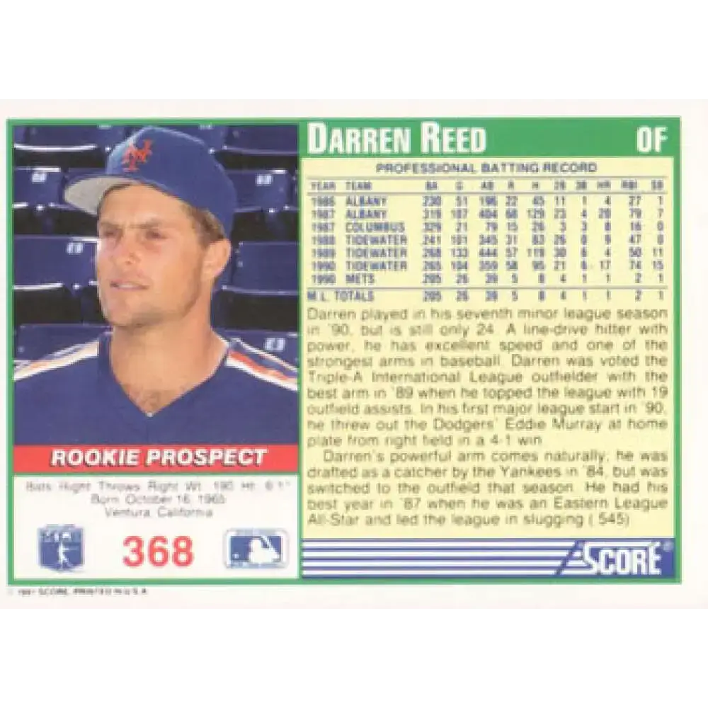 1991 Score #368 Darren Reed NM-MT New York Mets Baseball Card - Baseball Card Single
