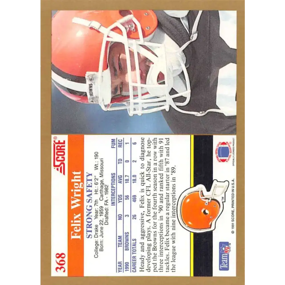 1991 Score #368 Felix Wright EX Excellent Cleveland Browns Football Card - Football Card Single