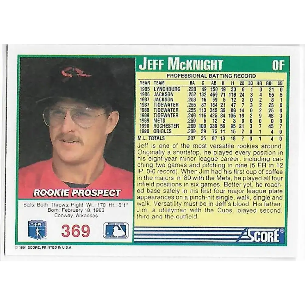 1991 Score #369 Jeff McKnight NM-MT Baltimore Orioles Baseball Card - Baseball Card Single