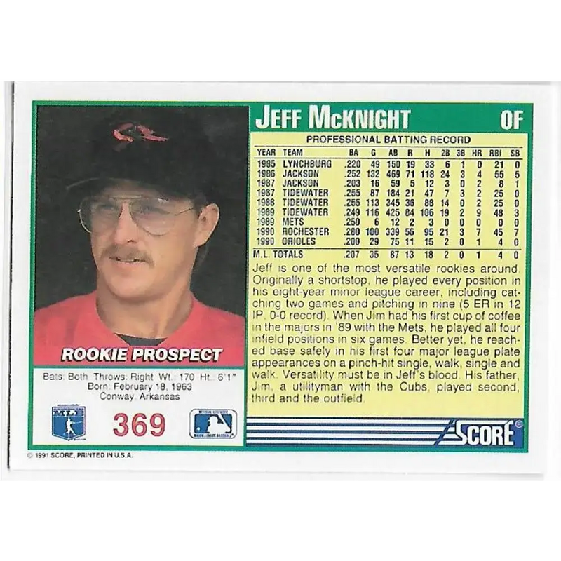 1991 Score #369 Jeff McKnight NM-MT Baltimore Orioles Baseball Card - Baseball Card Single