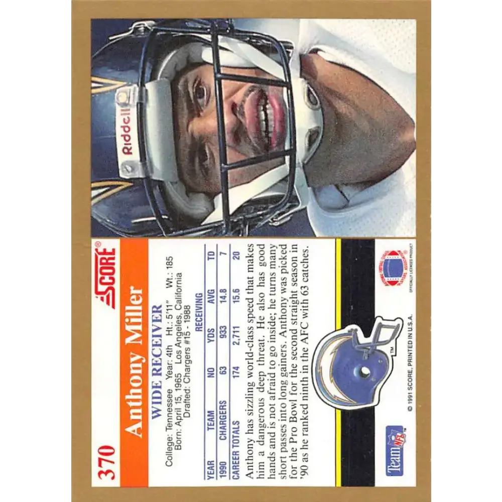 1991 Score #370 Anthony Miller EX Excellent San Diego Chargers Football Card - Football Card Single