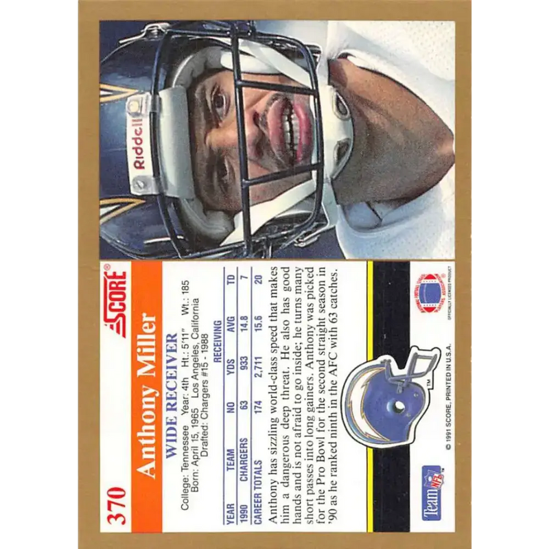 1991 Score #370 Anthony Miller EX Excellent San Diego Chargers Football Card - Football Card Single