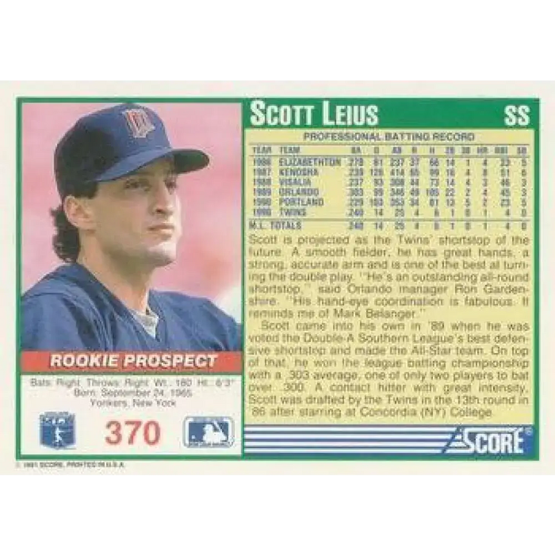 1991 Score #370 Scott Leius NM-MT Minnesota Twins Baseball Card - Baseball Card Single