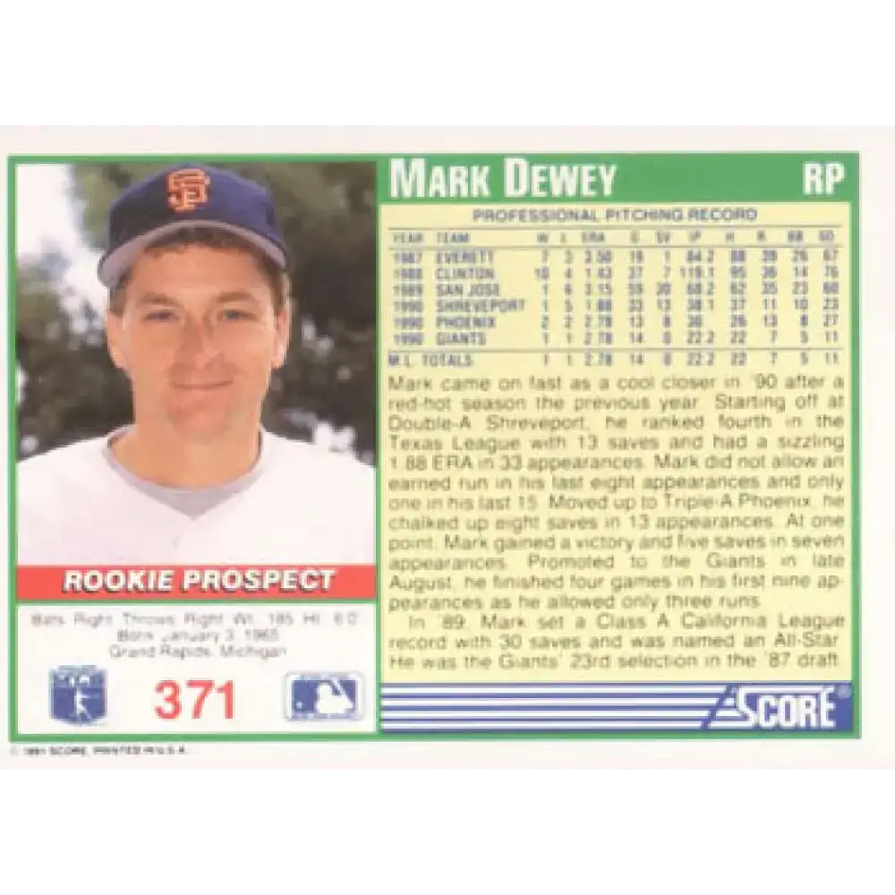 1991 Score #371 Mark Dewey NM-MT RC Rookie San Francisco Giants Baseball Card - Baseball Card Single