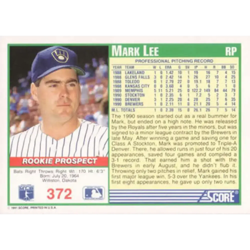 1991 Score #372 Mark Lee UER NM-MT RC Rookie Milwaukee Brewers Baseball Card - Baseball Card Single