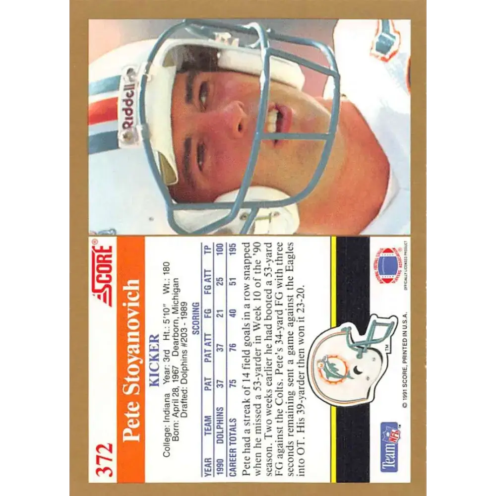 1991 Score #372 Pete Stoyanovich EX Excellent Miami Dolphins Football Card - Football Card Single