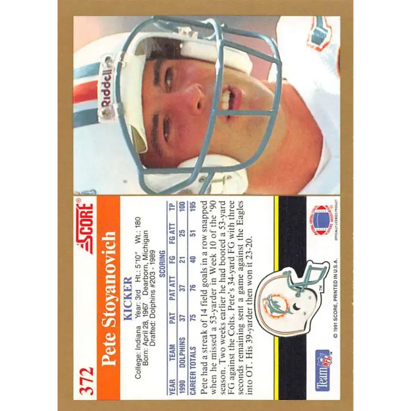 1991 Score #372 Pete Stoyanovich EX Excellent Miami Dolphins Football Card - Football Card Single