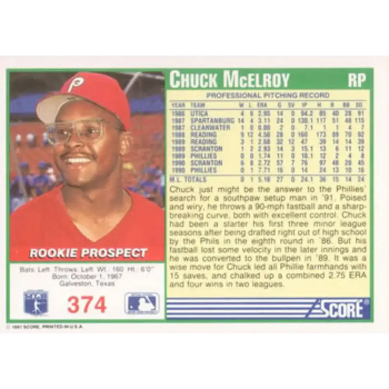 1991 Score #374 Chuck McElroy NM-MT Philadelphia Phillies Baseball Card - Baseball Card Single