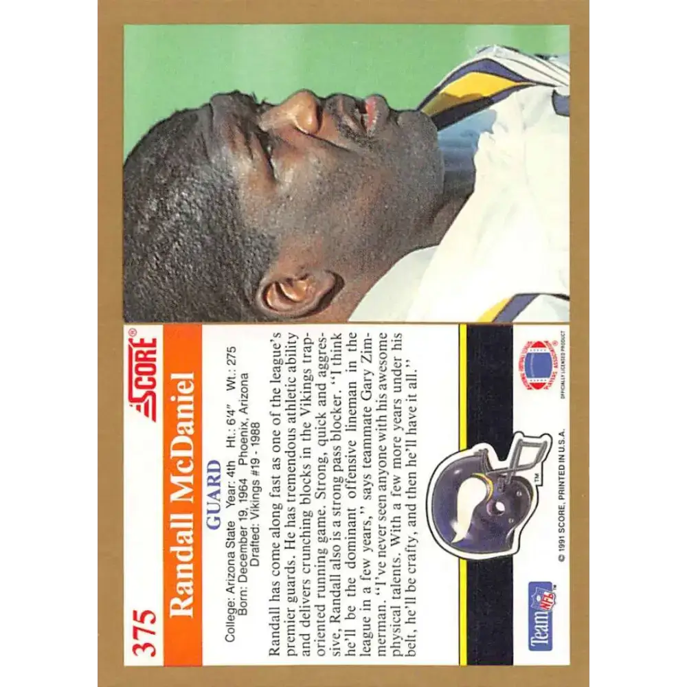 1991 Score #375 Randall McDaniel EX Excellent Minnesota Vikings Football Card - Football Card Single