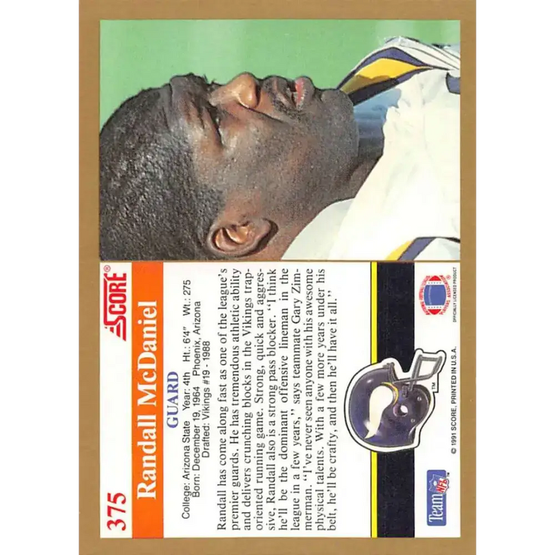 1991 Score #375 Randall McDaniel EX Excellent Minnesota Vikings Football Card - Football Card Single