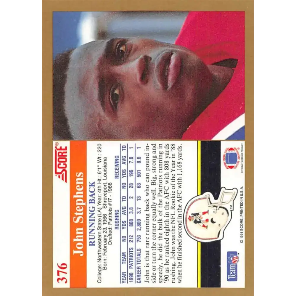 1991 Score #376 John Stephens EX Excellent New England Patriots Football Card - Football Card Single