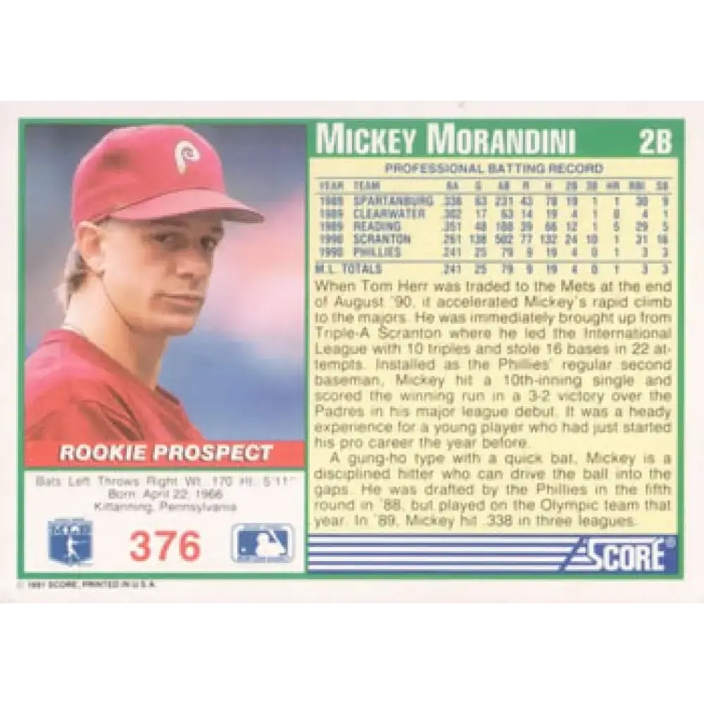 1991 Score #376 Mickey Morandini NM-MT Philadelphia Phillies Baseball Card - Baseball Card Single