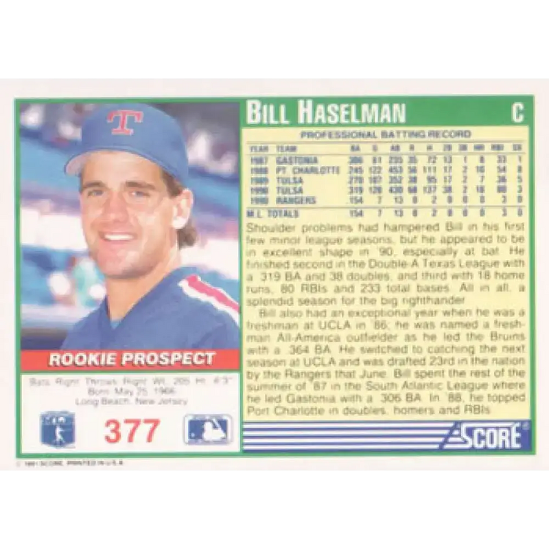 1991 Score #377 Bill Haselman NM-MT RC Rookie Texas Rangers Baseball Card - Baseball Card Single