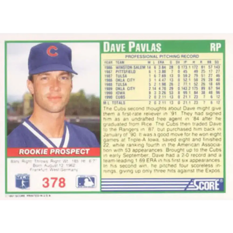 1991 Score #378 Dave Pavlas NM-MT RC Rookie Chicago Cubs Baseball Card - Baseball Card Single