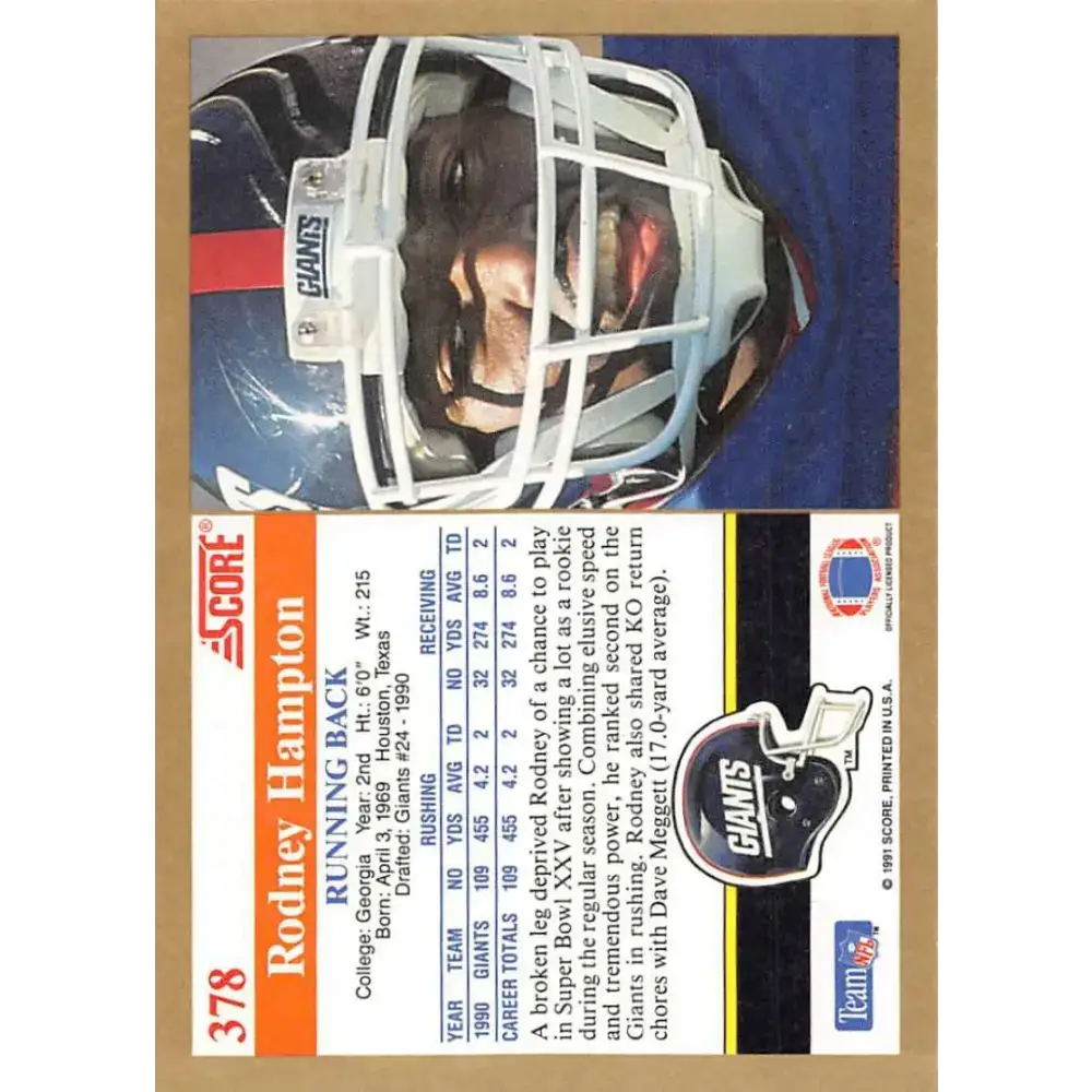 1991 Score #378 Rodney Hampton EX Excellent New York Giants Football Card - Football Card Single