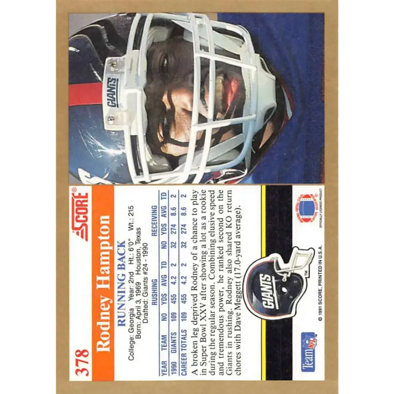 1991 Score #378 Rodney Hampton EX Excellent New York Giants Football Card - Football Card Single