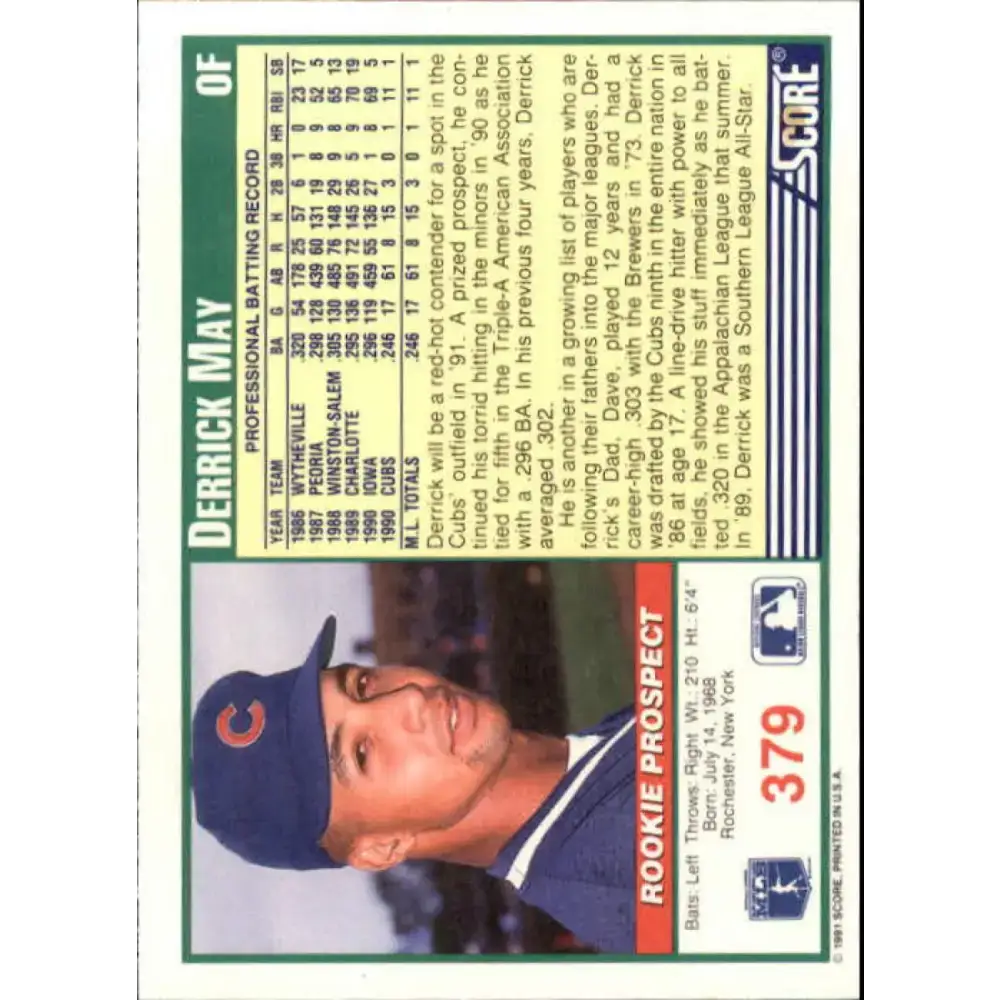 1991 Score #379 Derrick May NM-MT Chicago Cubs Baseball Card - Baseball Card Single