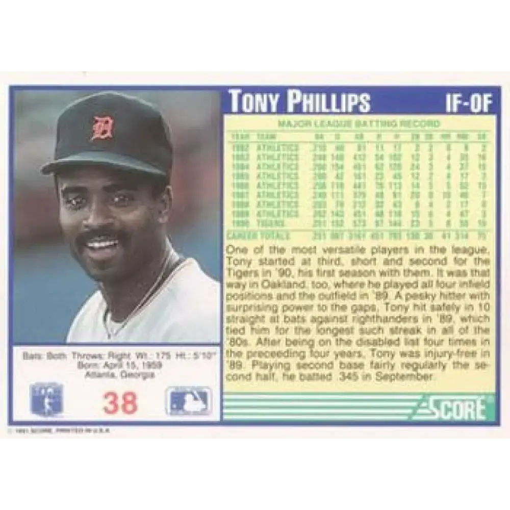 1991 Score #38 Tony Phillips UER NM-MT Detroit Tigers Baseball Card - Baseball Card Single
