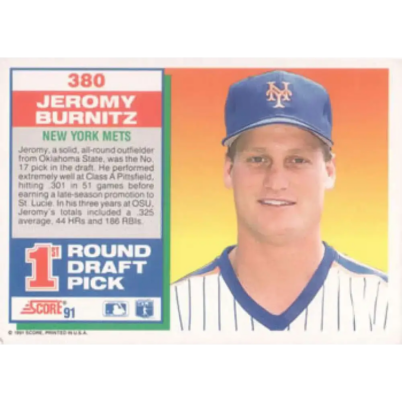 1991 Score #380 Jeromy Burnitz NM-MT RC Rookie New York Mets Baseball Card - Baseball Card Single