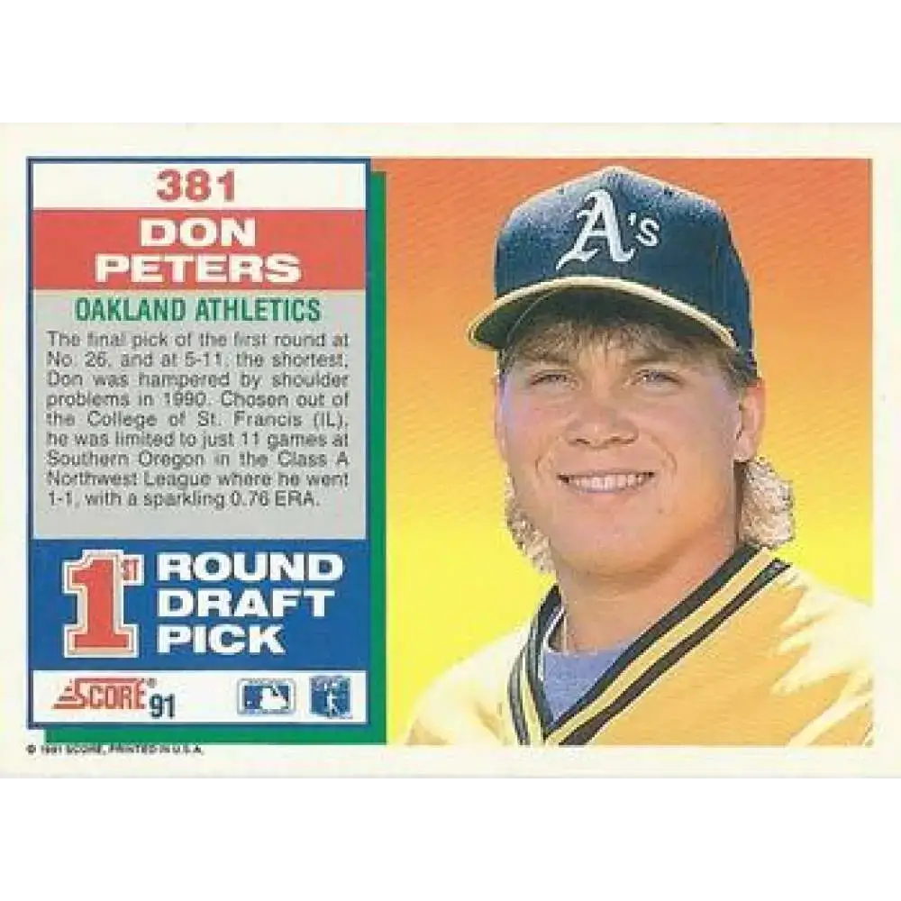 1991 Score #381 Don Peters NM-MT RC Rookie Oakland Athletics Baseball Card - Baseball Card Single