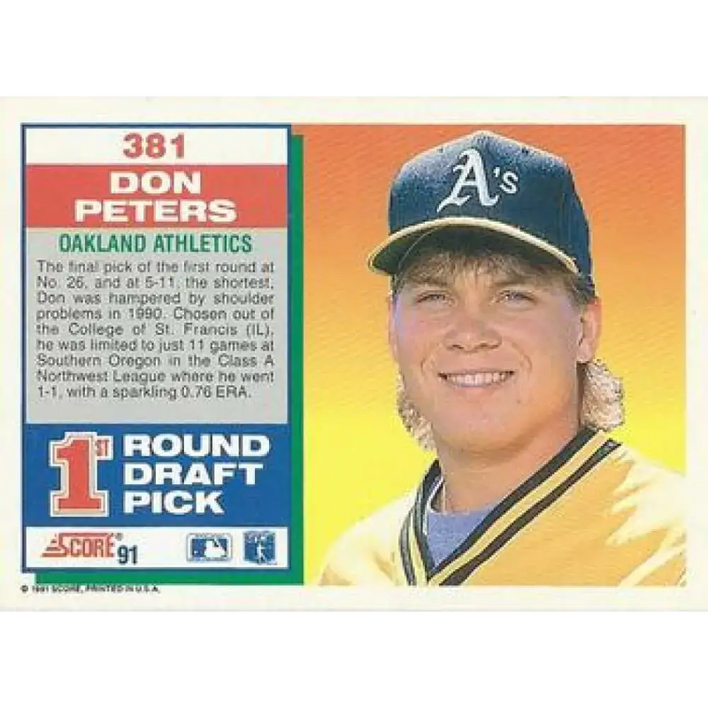 1991 Score #381 Don Peters NM-MT RC Rookie Oakland Athletics Baseball Card - Baseball Card Single