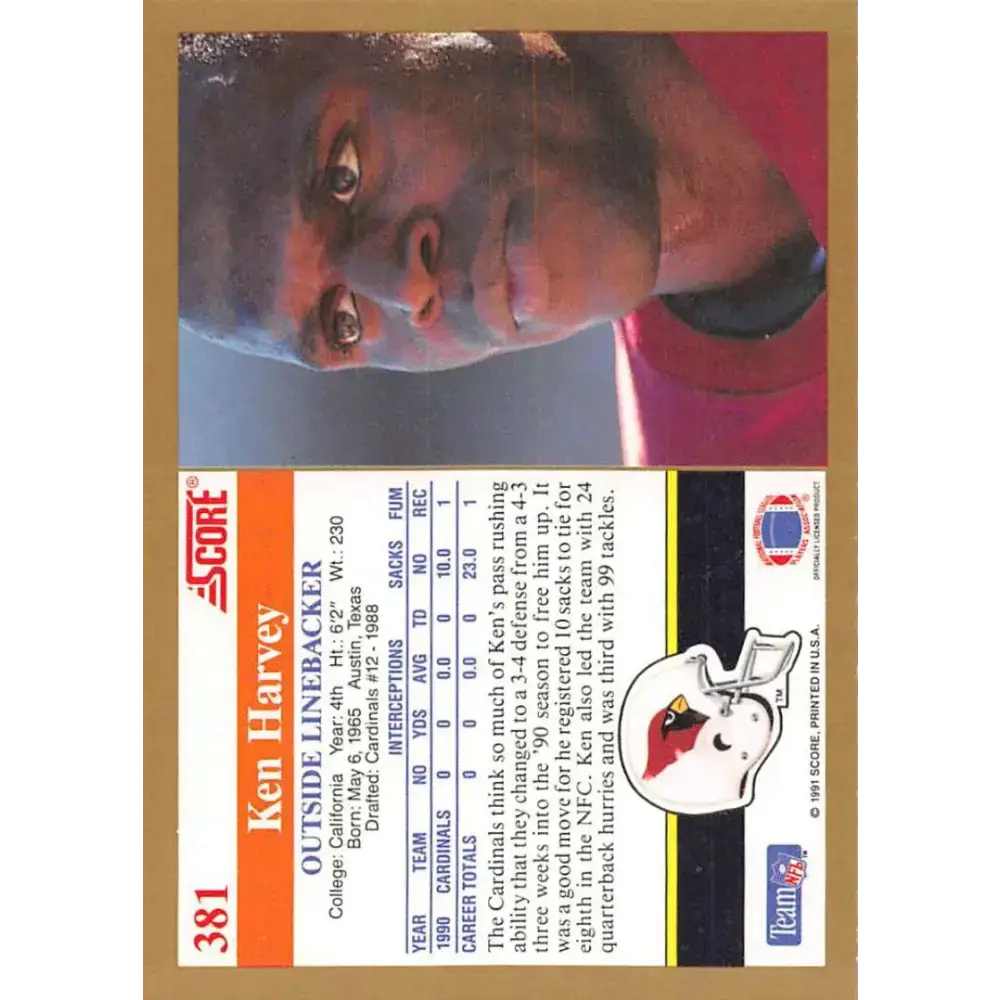 1991 Score #381 Ken Harvey EX Excellent Phoenix Cardinals Football Card - Football Card Single
