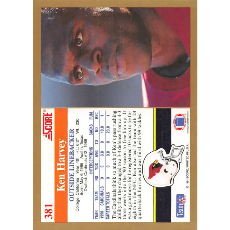 1991 Score #381 Ken Harvey EX Excellent Phoenix Cardinals Football Card - Football Card Single