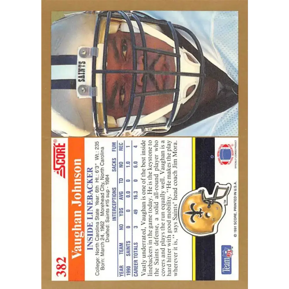 1991 Score #382 Vaughan Johnson EX Excellent New Orleans Saints Football Card - Football Card Single