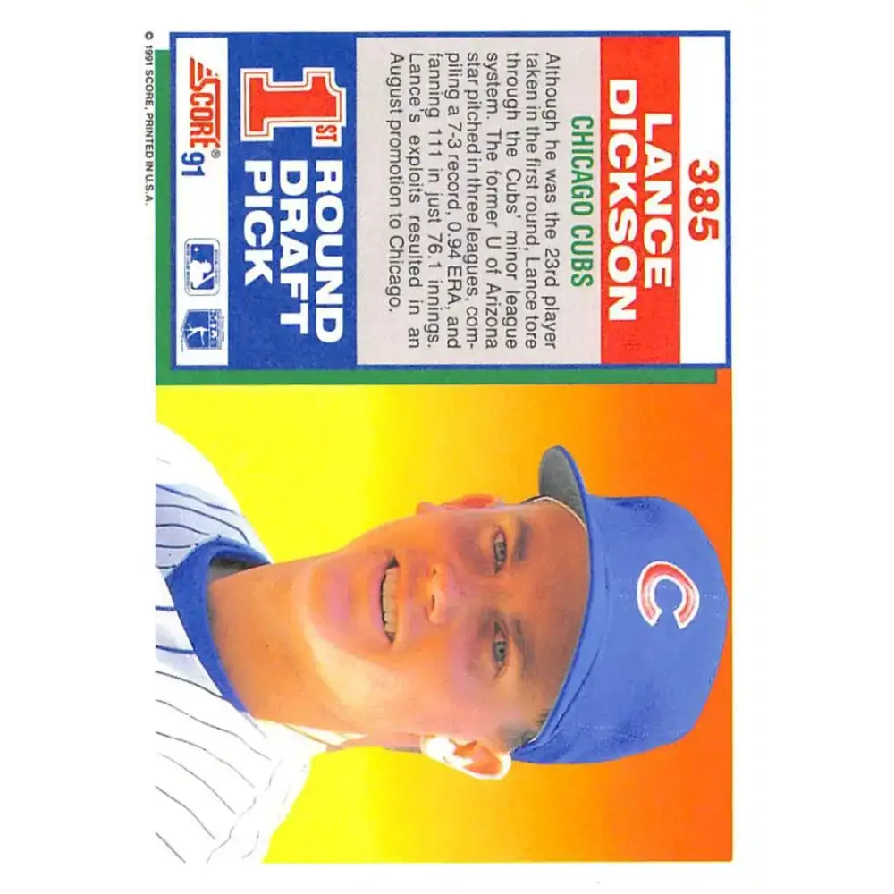 1991 Score #385 Lance Dickson NM-MT RC Rookie Chicago Cubs Baseball Card - Baseball Card Single