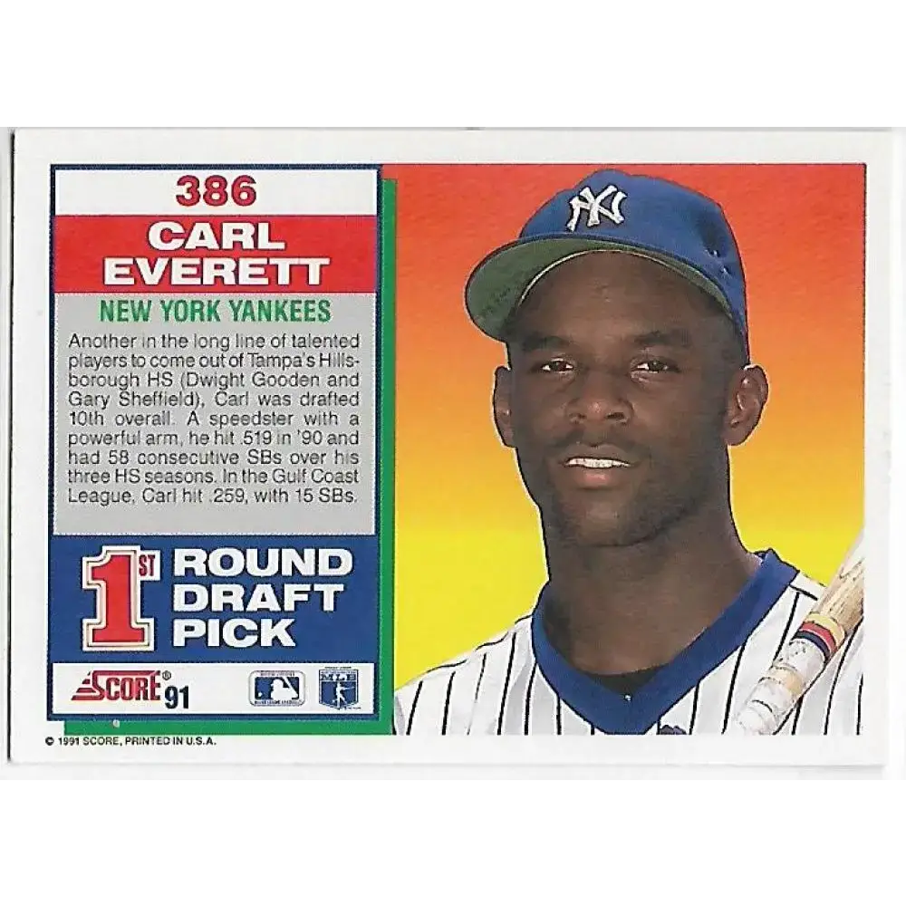 1991 Score #386 Carl Everett NM-MT RC Rookie New York Yankees Baseball Card - Baseball Card Single