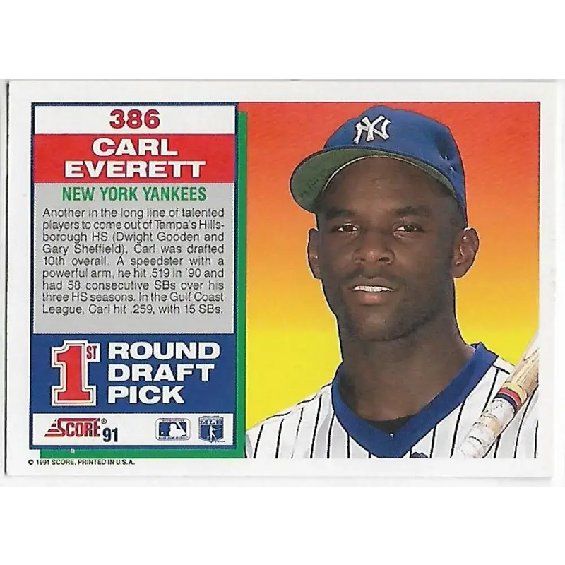 1991 Score #386 Carl Everett NM-MT RC Rookie New York Yankees Baseball Card - Baseball Card Single