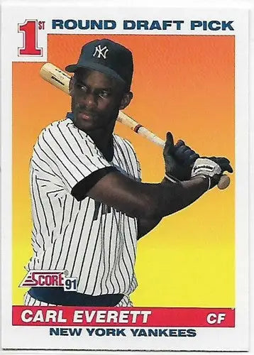 Original gloss of 1991 Score Carl Everett rookie card featuring Yankees merchandise