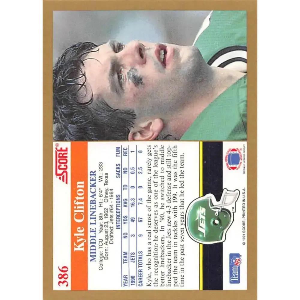 1991 Score #386 Kyle Clifton EX Excellent New York Jets Football Card - Football Card Single