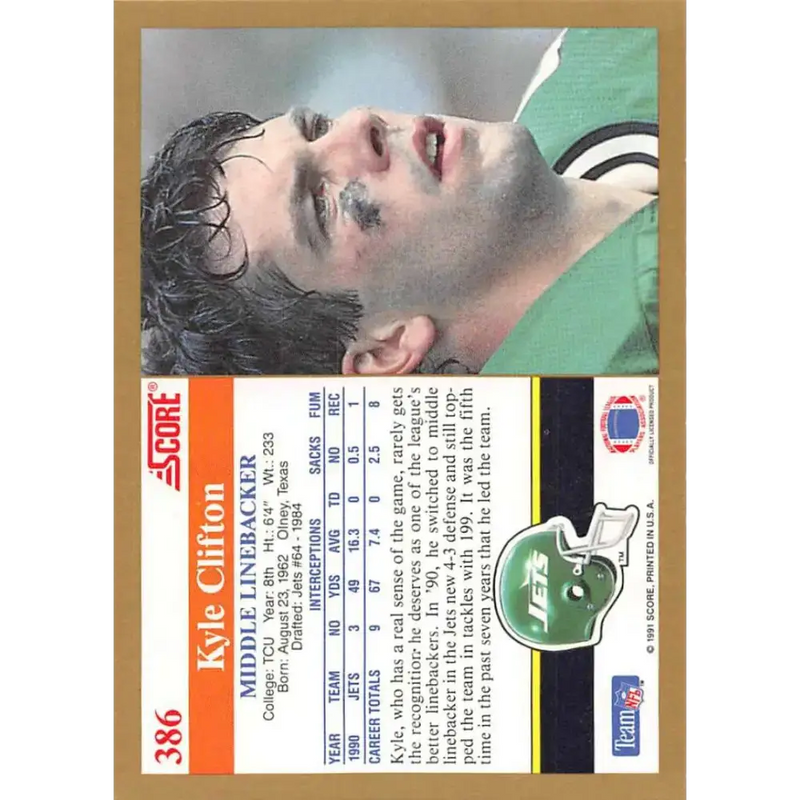 1991 Score #386 Kyle Clifton EX Excellent New York Jets Football Card - Football Card Single