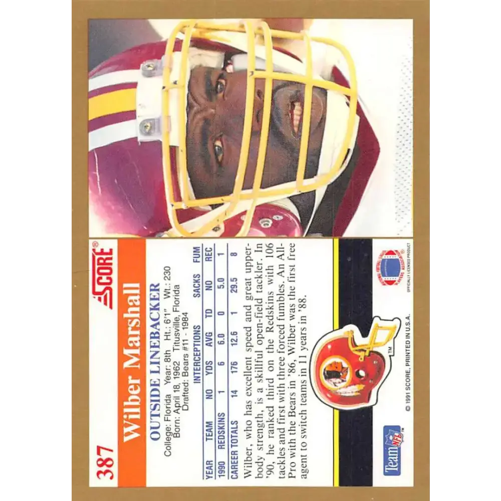 1991 Score #387 Wilber Marshall EX Excellent Washington Redskins Football Card - Football Card Single