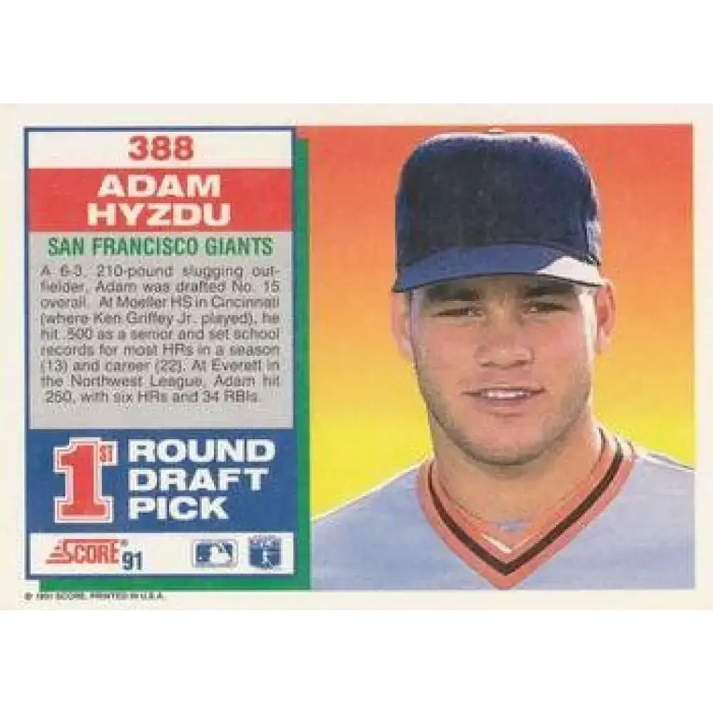 1991 Score #388 Adam Hyzdu NM-MT RC Rookie San Francisco Giants Baseball Card - Baseball Card Single