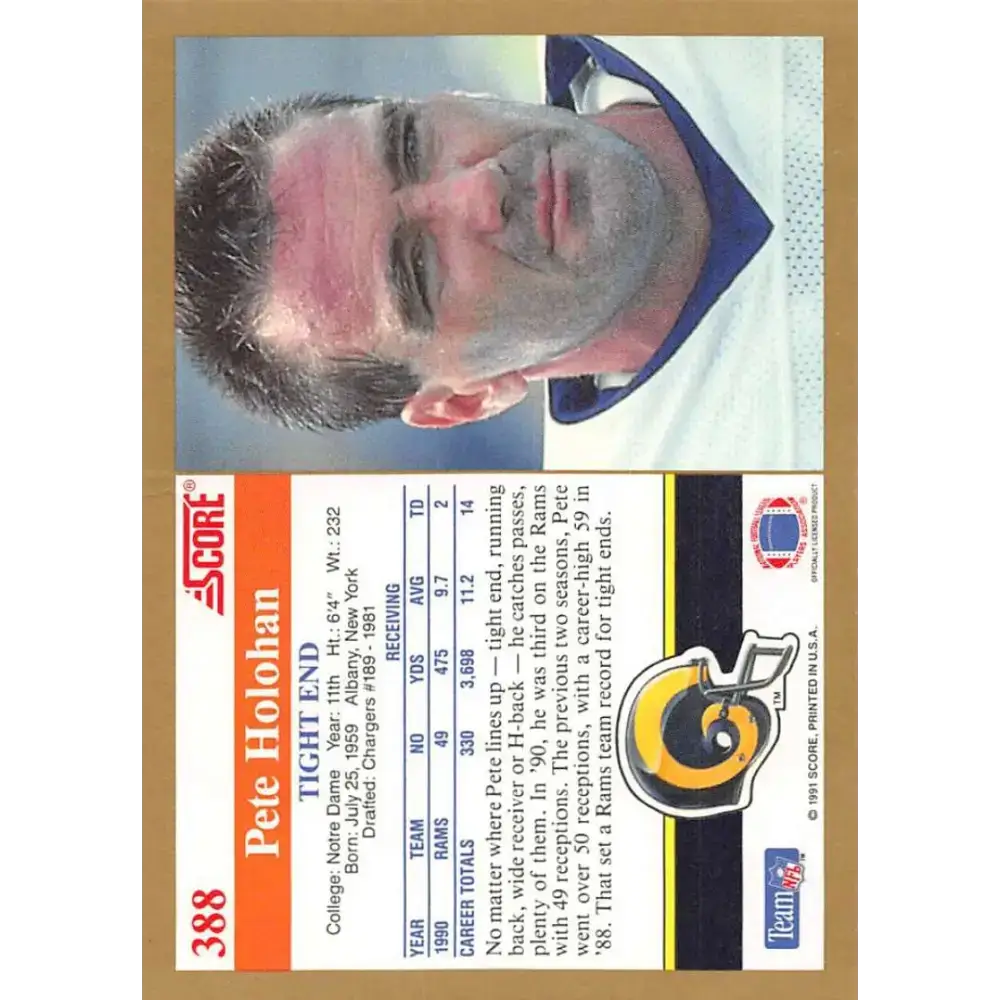1991 Score #388 Pete Holohan EX Excellent Los Angeles Rams Football Card - Football Card Single