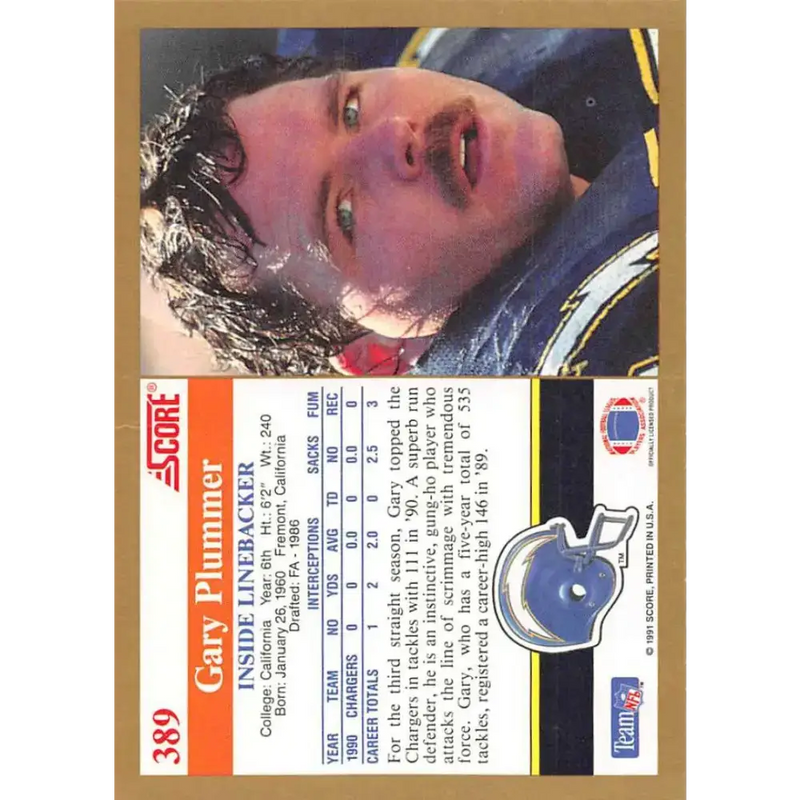 1991 Score #389 Gary Plummer EX Excellent San Diego Chargers Football Card - Football Card Single