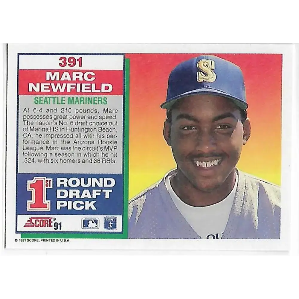 1991 Score #391 Marc Newfield NM-MT RC Rookie Seattle Mariners Baseball Card - Baseball Card Single