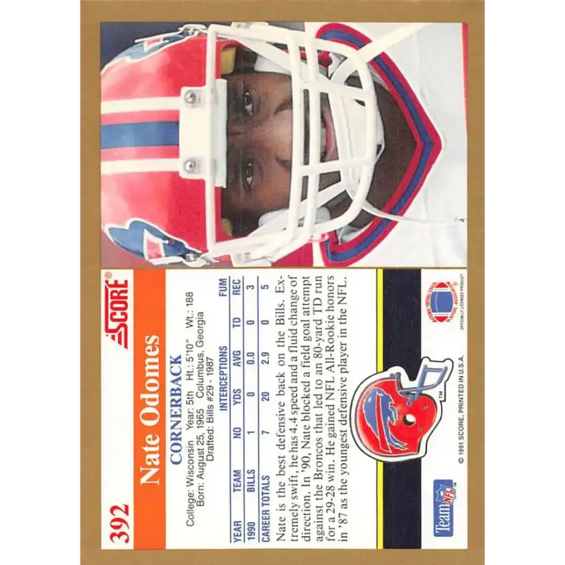1991 Score #392 Nate Odomes EX Excellent Buffalo Bills Football Card - Football Card Single