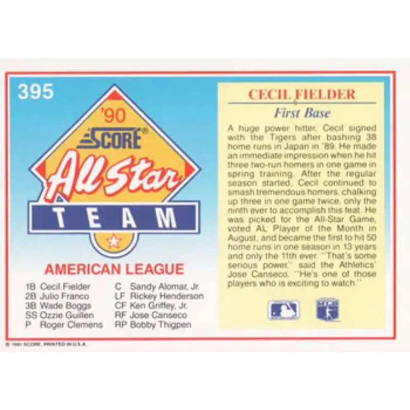 1991 Score #395 Cecil Fielder AS NM-MT Detroit Tigers Baseball Card - Baseball Card Single