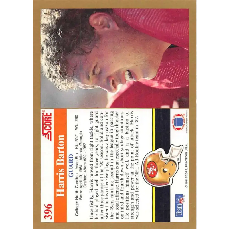 1991 Score #396 Harris Barton EX Excellent San Francisco 49ers Football Card - Football Card Single
